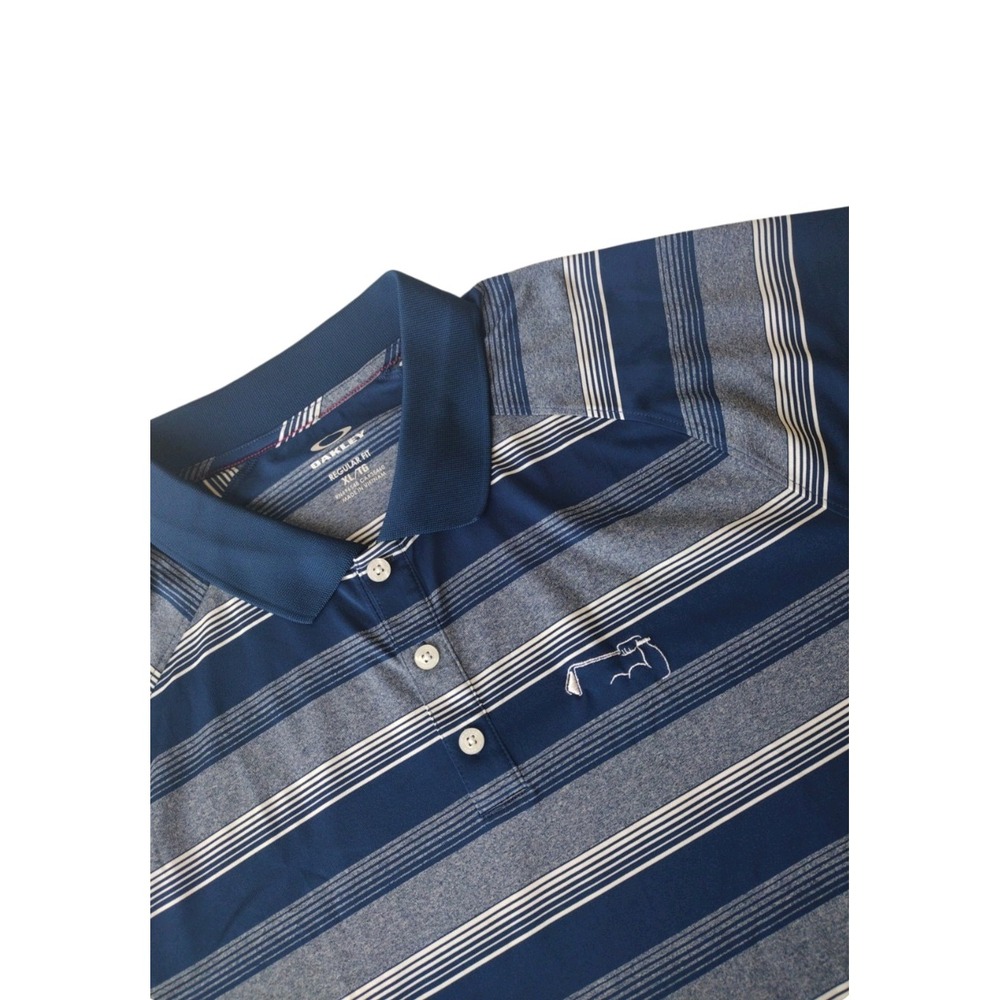 OAKLEY Golf Polo Shirt Men's XL‎ Blue Gray Stripe Short Sleeve Name On Sleeve